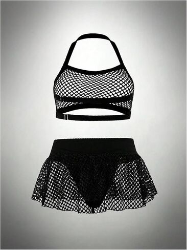 OYOANGLE Women's Plus Size 3 Piece Mesh Lingerie Set Hollow Out Halter Bra Thongs with Skirt See Through Sleepwear in Saudi Arabia