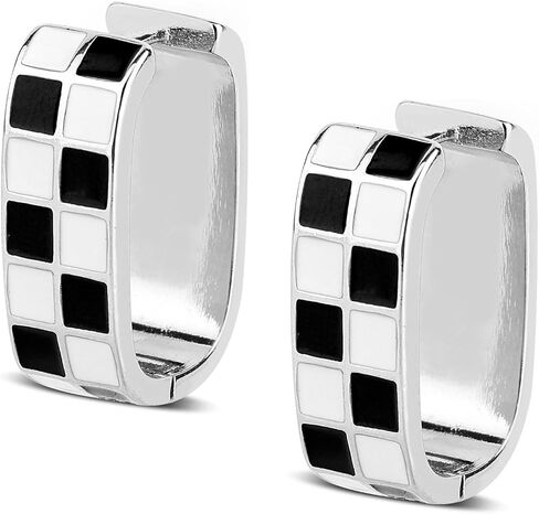 2pcs Checkered Hoop Earrings, Dainty Chunky Oval Hoop Black White Flag Earrings Fashion Vintage Jewelry Accessories for Women (Silver) in Saudi Arabia