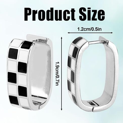2pcs Checkered Hoop Earrings, Dainty Chunky Oval Hoop Black White Flag Earrings Fashion Vintage Jewelry Accessories for Women (Silver) in Saudi Arabia