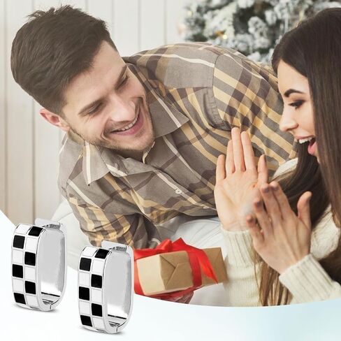 2pcs Checkered Hoop Earrings, Dainty Chunky Oval Hoop Black White Flag Earrings Fashion Vintage Jewelry Accessories for Women (Silver) in Saudi Arabia