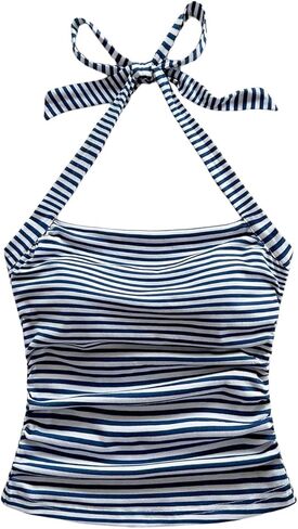 بلايز نسائية Y2k هالتر مفتوحة الظهر مكشكشة مخططة وربطة خلفية بدون أكمام صيفية للخروج ملابس علوية كامي in Kuwait