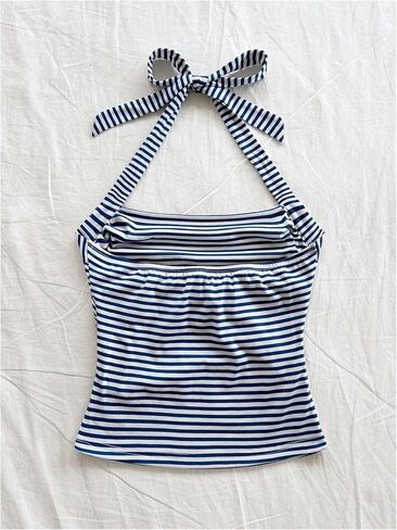 بلايز نسائية Y2k هالتر مفتوحة الظهر مكشكشة مخططة وربطة خلفية بدون أكمام صيفية للخروج ملابس علوية كامي in Kuwait