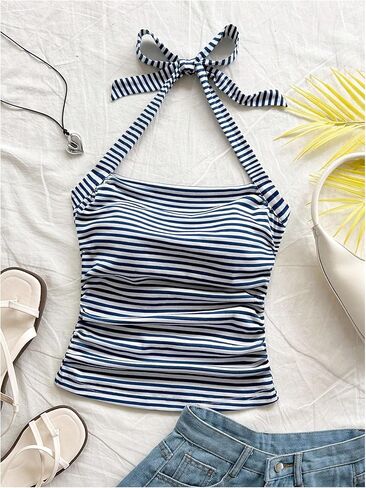 بلايز نسائية Y2k هالتر مفتوحة الظهر مكشكشة مخططة وربطة خلفية بدون أكمام صيفية للخروج ملابس علوية كامي in Kuwait