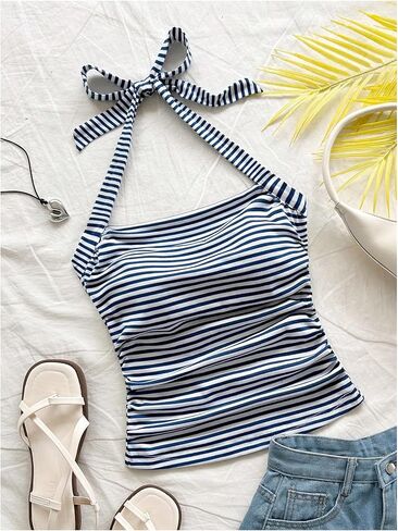 بلايز نسائية Y2k هالتر مفتوحة الظهر مكشكشة مخططة وربطة خلفية بدون أكمام صيفية للخروج ملابس علوية كامي in Kuwait