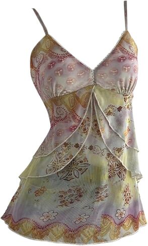Verdusa Women's Y2k Mesh Tank Top Babydoll Camisole Floral Spaghetti Strap Ruffle Going Out Tops in Saudi Arabia