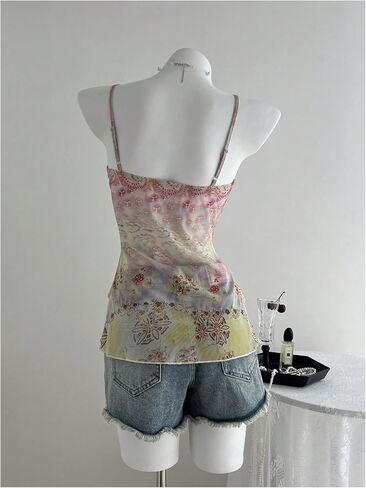 Verdusa Women's Y2k Mesh Tank Top Babydoll Camisole Floral Spaghetti Strap Ruffle Going Out Tops in Saudi Arabia