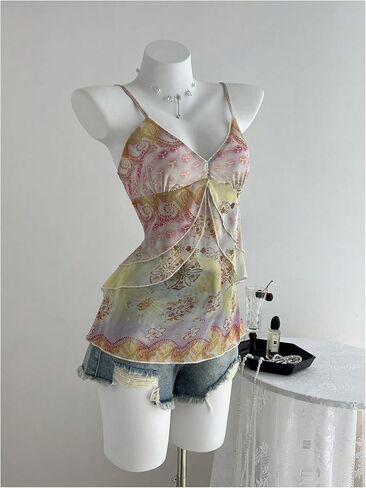 Verdusa Women's Y2k Mesh Tank Top Babydoll Camisole Floral Spaghetti Strap Ruffle Going Out Tops in Saudi Arabia