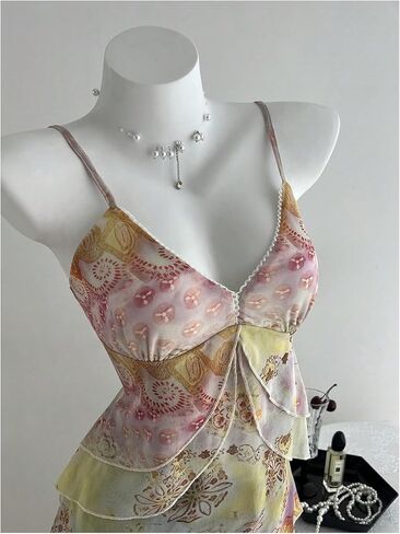 Verdusa Women's Y2k Mesh Tank Top Babydoll Camisole Floral Spaghetti Strap Ruffle Going Out Tops in Saudi Arabia