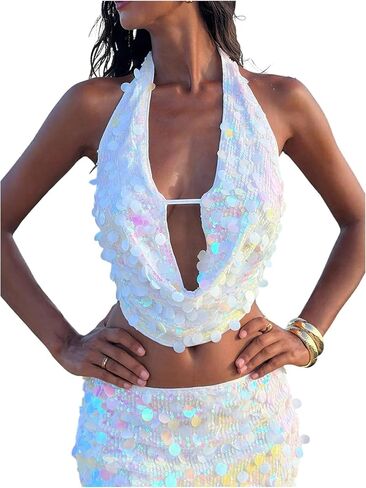 SweatyRocks Women's Sequin Y2K Top Draped Deep V Neck Backless Sparkle Party Rave Halter Tops in Saudi Arabia