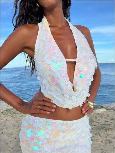 SweatyRocks Women's Sequin Y2K Top Draped Deep V Neck Backless Sparkle Party Rave Halter Tops in Saudi Arabia