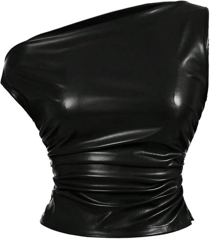 Milumia Women's Asymmetrical Faux Leather Top Ruched One Shoulder Sleevelss Y2k Crop Top Concert Outfits in Saudi Arabia