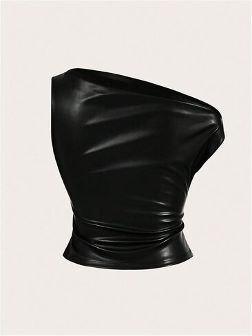 Milumia Women's Asymmetrical Faux Leather Top Ruched One Shoulder Sleevelss Y2k Crop Top Concert Outfits in Saudi Arabia