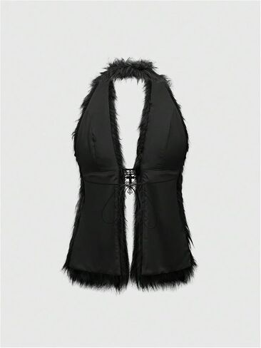 MakeMeChic Women's Faux Fur Halter Tops Open Back Sleeveless Going Out Tank Clubwear in Saudi Arabia
