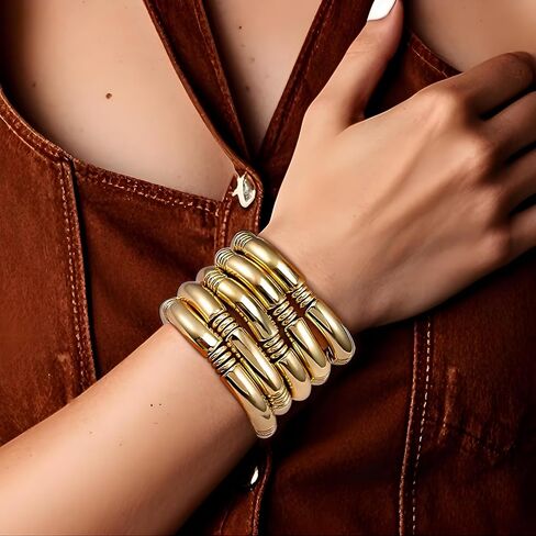 KOSMOS-LI الذهب لوحة مكتنزة أساور أساور للنساء الطبقات الخيزران موجة أنبوب أساور ممتدة المجوهرات in Kuwait