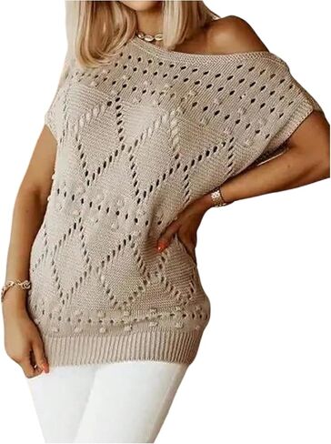 Women's Off The Shoulder Sweater Hollow Out Knit Tank Top Short Sleeve Knit Pullover Tops in Saudi Arabia