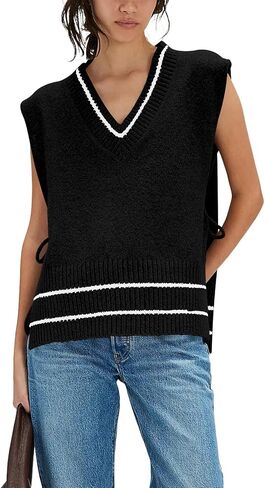 Yesfashion Womens Sleeveless Striped Ponch Sweaters V Neck Color Block Tie Side Going Out Knit Pullover Sweater Vest Tops in Saudi Arabia