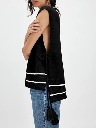 Yesfashion Womens Sleeveless Striped Ponch Sweaters V Neck Color Block Tie Side Going Out Knit Pullover Sweater Vest Tops in Saudi Arabia