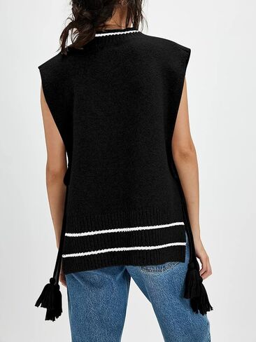 Yesfashion Womens Sleeveless Striped Ponch Sweaters V Neck Color Block Tie Side Going Out Knit Pullover Sweater Vest Tops in Saudi Arabia