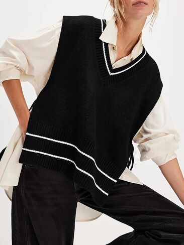 Yesfashion Womens Sleeveless Striped Ponch Sweaters V Neck Color Block Tie Side Going Out Knit Pullover Sweater Vest Tops in Saudi Arabia