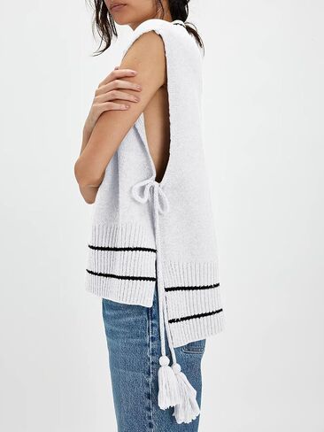 سترة نسائية من Yesfashion بدون أكمام مخططة ورقبة على شكل حرف V وربطة عنق جانبية للخروج بلوفر منسوج وسترة علوية in Kuwait