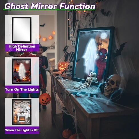 2025 Halloween Ghost Mirror with Adjustable Light Frame, Shatterproof Acrylic Hologram Haunted Mirrors for Indoor Halloween Decorations Haunted Mirror, Spooky Specter Poster Frame Night Light in Saudi Arabia