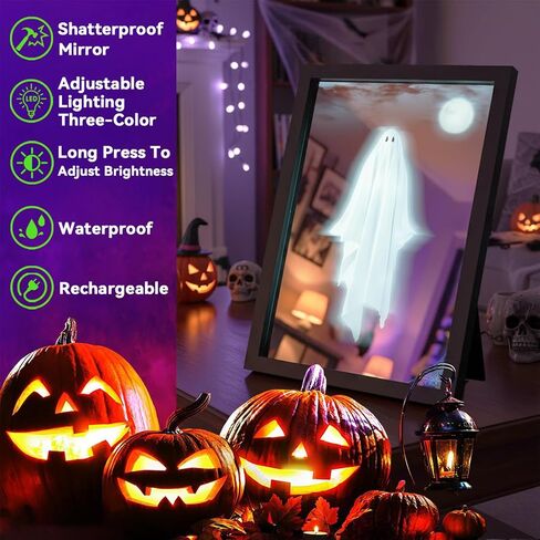 2025 Halloween Ghost Mirror with Adjustable Light Frame, Shatterproof Acrylic Hologram Haunted Mirrors for Indoor Halloween Decorations Haunted Mirror, Spooky Specter Poster Frame Night Light in Saudi Arabia