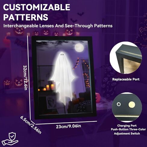 2025 Halloween Ghost Mirror with Adjustable Light Frame, Shatterproof Acrylic Hologram Haunted Mirrors for Indoor Halloween Decorations Haunted Mirror, Spooky Specter Poster Frame Night Light in Saudi Arabia