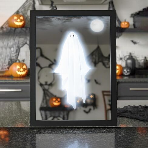 2025 Halloween Ghost Mirror with Adjustable Light Frame, Shatterproof Acrylic Hologram Haunted Mirrors for Indoor Halloween Decorations Haunted Mirror, Spooky Specter Poster Frame Night Light in Saudi Arabia