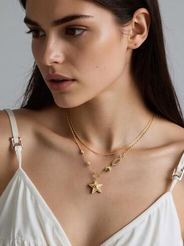 قلادة ذهبية أنيقة للنساء - عقد عصري متعدد الطبقات مع قلادة نجم البحر والفيروز، مجوهرات فريدة مطلية بالذهب عيار 14 قيراط للنساء in Kuwait