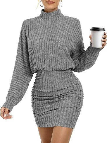 Motarto Women's Bodycon Sweater Dress Long Sleeve Turtleneck Lantern Sleeve Knit Mini Dress Fall Winter Party Casual in Kuwait
