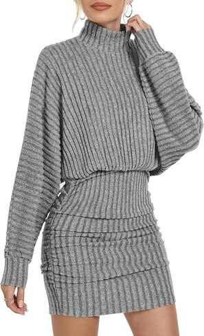 Motarto Women's Bodycon Sweater Dress Long Sleeve Turtleneck Lantern Sleeve Knit Mini Dress Fall Winter Party Casual in Kuwait