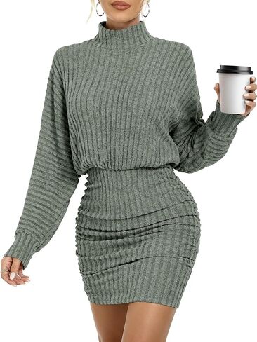 Motarto Women's Bodycon Sweater Dress Long Sleeve Turtleneck Lantern Sleeve Knit Mini Dress Fall Winter Party Casual in Kuwait