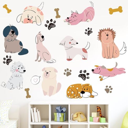 SUPERDANT Cartoon Dogs Wall Stickers Puppy and Bones Wall Decal Kids Room Peel and Stick Art Sticker DIY Animals Colorful Vinyl Mural for Nursery Kids Bedroom Playroom Classroom 90x30CM in Saudi Arabia