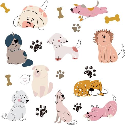 SUPERDANT Cartoon Dogs Wall Stickers Puppy and Bones Wall Decal Kids Room Peel and Stick Art Sticker DIY Animals Colorful Vinyl Mural for Nursery Kids Bedroom Playroom Classroom 90x30CM in Saudi Arabia