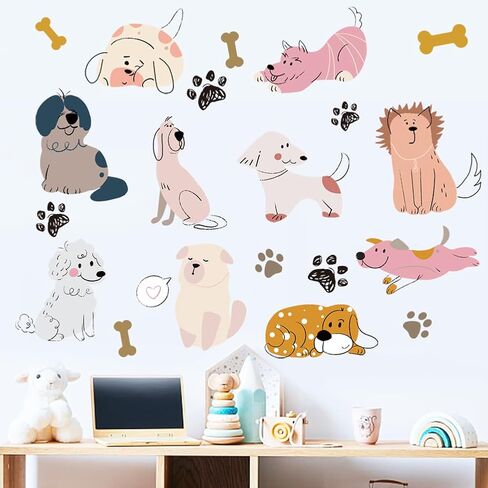 SUPERDANT Cartoon Dogs Wall Stickers Puppy and Bones Wall Decal Kids Room Peel and Stick Art Sticker DIY Animals Colorful Vinyl Mural for Nursery Kids Bedroom Playroom Classroom 90x30CM in Saudi Arabia