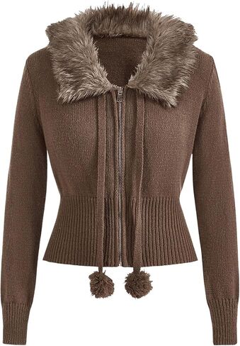 Verdusa Women's Zip Up Long Sleeve Knit Cardigan Sweater Fuzzy Crop Jacket Outerwear Early Fall Outfits 2025 in Saudi Arabia
