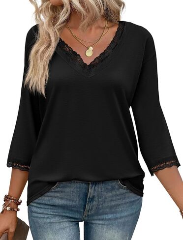 Tankaneo Womens 3/4 Length Sleeve Tops Lace V Neck T-Shirts Dressy Casual Loose Fit Tunic Shirts in Kuwait