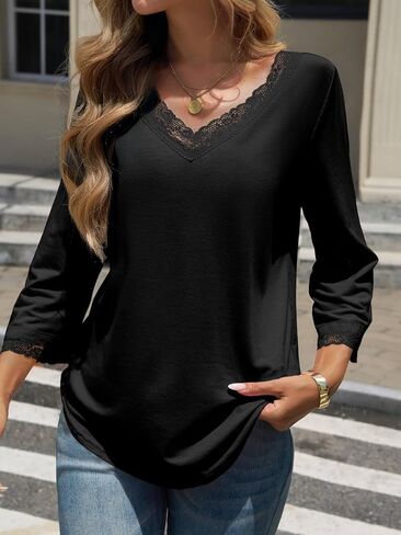 Tankaneo Womens 3/4 Length Sleeve Tops Lace V Neck T-Shirts Dressy Casual Loose Fit Tunic Shirts in Kuwait