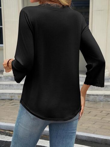 Tankaneo Womens 3/4 Length Sleeve Tops Lace V Neck T-Shirts Dressy Casual Loose Fit Tunic Shirts in Kuwait