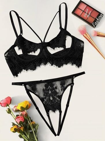 Lilosy Sexy Underwire Strappy Floral Sheer See Through Lingerie Set in Saudi Arabia