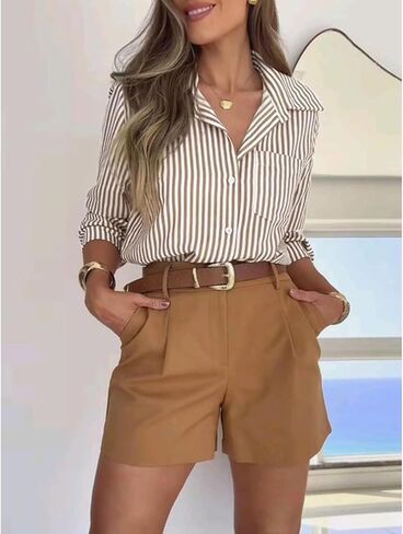 قميص نسائي مخطط بأكمام طويلة وأزرار سفلية للعمل الكاجوال، بلوزة للعمل المكتبي مع ياقة وجيب in Saudi Arabia