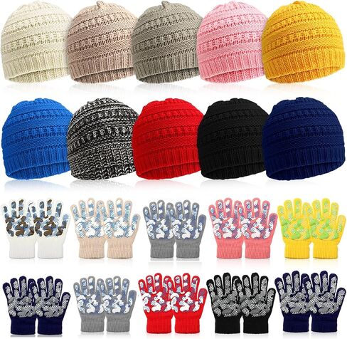JaGely 20 Pcs Kids Winter Hats Gloves Set Warm Knit for 5-10 Unisex Cold Weather for Boys Girls School Donation Gift in Saudi Arabia