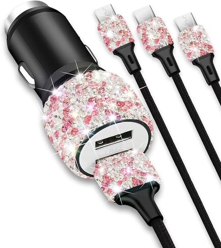 شاحن سيارة Bling USB 5V/2.4A أبيض كريستالي مزخرف بمنفذ مزدوج محول سريع مع كابل شحن متعدد 3 في 1 من النايلون من النوع C/Micro USB 4 أقدام لهاتف iPhone iPad Android، وإكسسوارات السيارة الداخلية للنساء in Kuwait