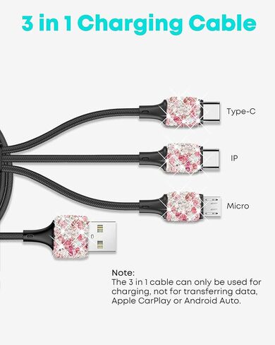 شاحن سيارة Bling USB 5V/2.4A أبيض كريستالي مزخرف بمنفذ مزدوج محول سريع مع كابل شحن متعدد 3 في 1 من النايلون من النوع C/Micro USB 4 أقدام لهاتف iPhone iPad Android، وإكسسوارات السيارة الداخلية للنساء in Kuwait