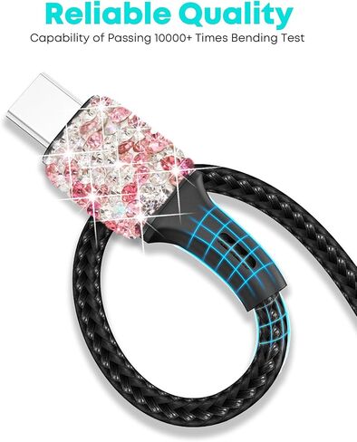 شاحن سيارة Bling USB 5V/2.4A أبيض كريستالي مزخرف بمنفذ مزدوج محول سريع مع كابل شحن متعدد 3 في 1 من النايلون من النوع C/Micro USB 4 أقدام لهاتف iPhone iPad Android، وإكسسوارات السيارة الداخلية للنساء in Kuwait
