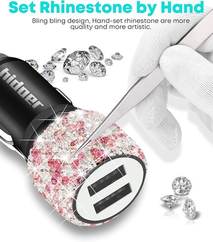 شاحن سيارة Bling USB 5V/2.4A أبيض كريستالي مزخرف بمنفذ مزدوج محول سريع مع كابل شحن متعدد 3 في 1 من النايلون من النوع C/Micro USB 4 أقدام لهاتف iPhone iPad Android، وإكسسوارات السيارة الداخلية للنساء in Kuwait