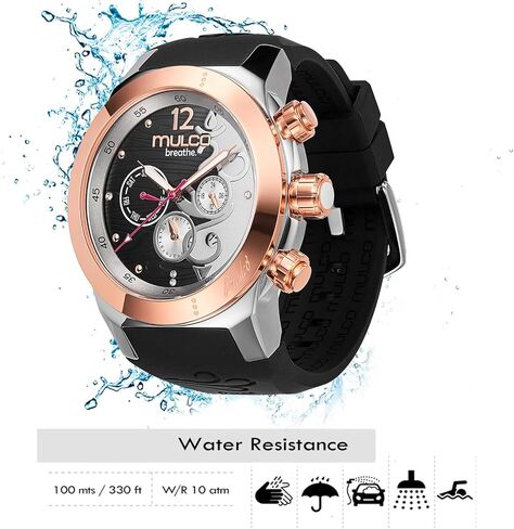 ساعات مولكو للنساء - تنفس، هيكل من الفولاذ المقاوم للصدأ مع سوار معصم من السيليكون، حركة كوارتز متعددة الوظائف، شاشة عرض تناظرية كبيرة للوجه مع أم اللؤلؤ والذهب الوردي، مقاومة للماء in Kuwait