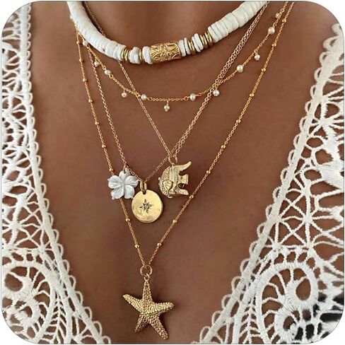 HUASAI Shell Necklaces for Women Starfish Seahell Charm Necklace Layered Boho Necklaces Vacation Essentials Outfits Halloween Costumes Accessories Women Stocking Stuffers in Saudi Arabia