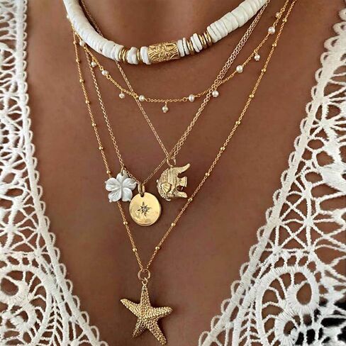 HUASAI Shell Necklaces for Women Starfish Seahell Charm Necklace Layered Boho Necklaces Vacation Essentials Outfits Halloween Costumes Accessories Women Stocking Stuffers in Saudi Arabia
