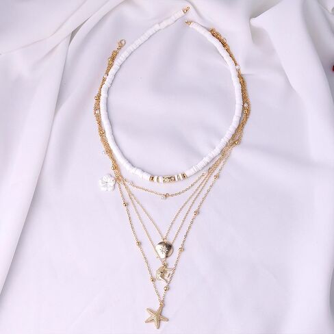 HUASAI Shell Necklaces for Women Starfish Seahell Charm Necklace Layered Boho Necklaces Vacation Essentials Outfits Halloween Costumes Accessories Women Stocking Stuffers in Saudi Arabia